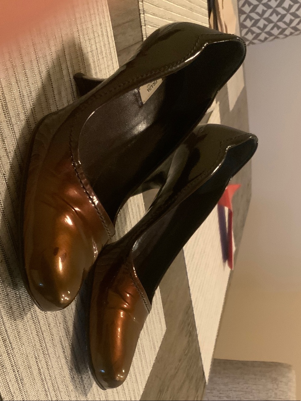 Prada Linea Rossa Bronze Patent Pointed Toe Pumps